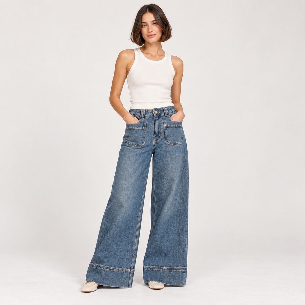 & Other Stories Paris Atelier High Rise Wide Leg Jeans 4 Patch Pocket Wide Hem